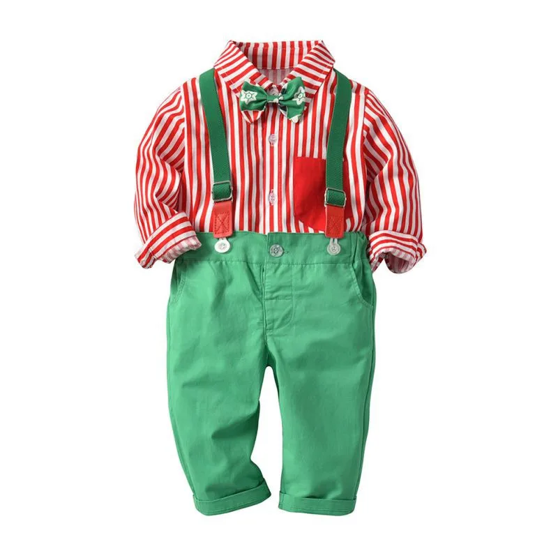 Christmas Costume Baby Boy Suit Set Red Green Striped Shirt + Bib Clothes Xmas Wedding | Детская одежда и обувь