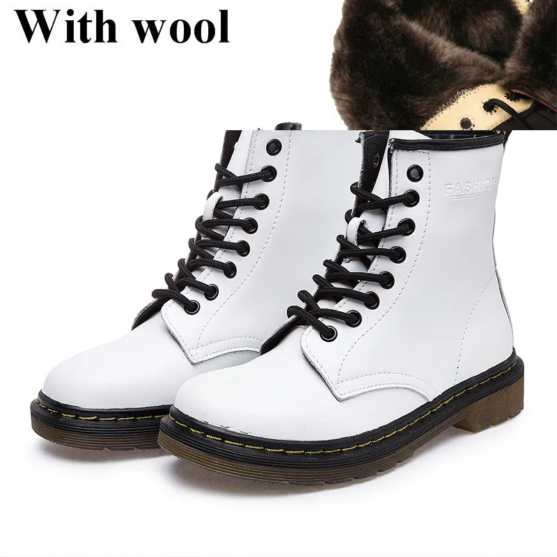 white with wool Женские Ботинки martin из натуральной кожи; зимняя теплая обувь; botas feminina; женские модные ботильоны в байкерском стиле; женские ботинки; botas mujer - Цвет: white with wool