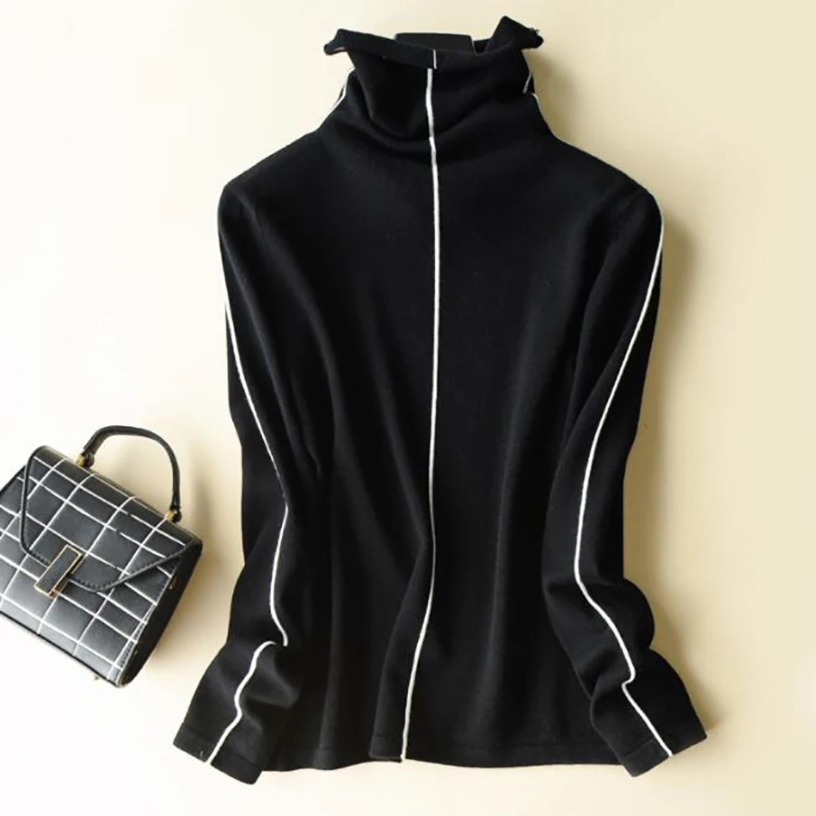 Женский свитер мягкая кашемировая водолазка в рубчик повседневный облегающий