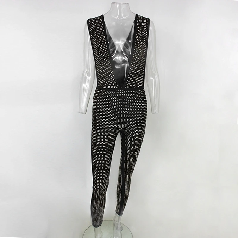 Black PFFLOOK, женский комбинезон,, летний, спереди, v-образный вырез, дизайн, бандаж, комбинезон, длинный, комбинезон, без рукавов, бодикон, боди, сексуальная клубная одежда - Цвет: Black