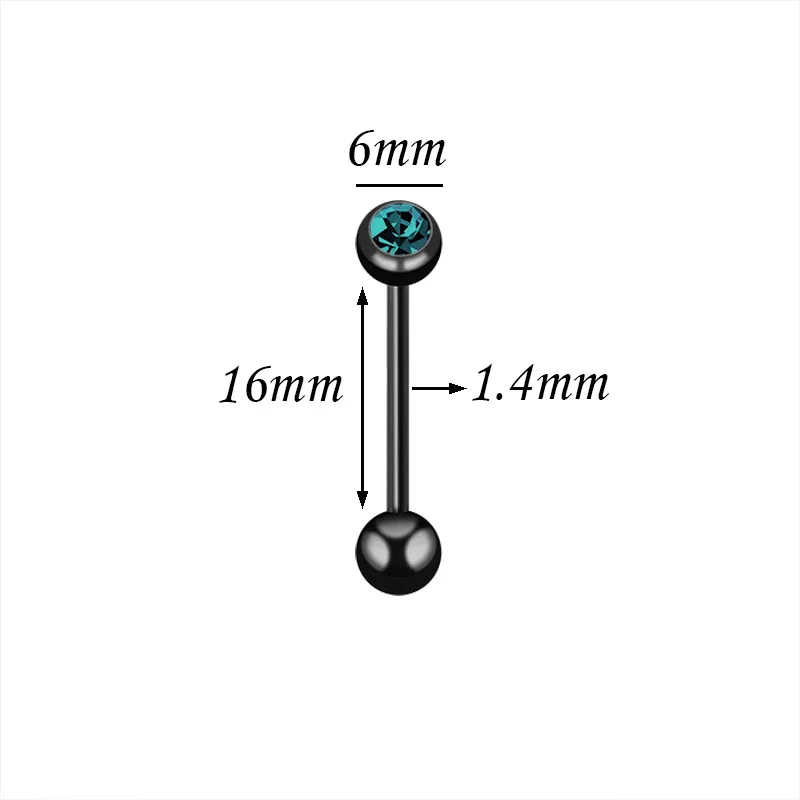 Fashion Black Tongue Rings Barbell Piercing Bar Stainless Steel Czech Crystal 7 Colors 1.4mmx16mm Body Jewelry Men | Украшения и