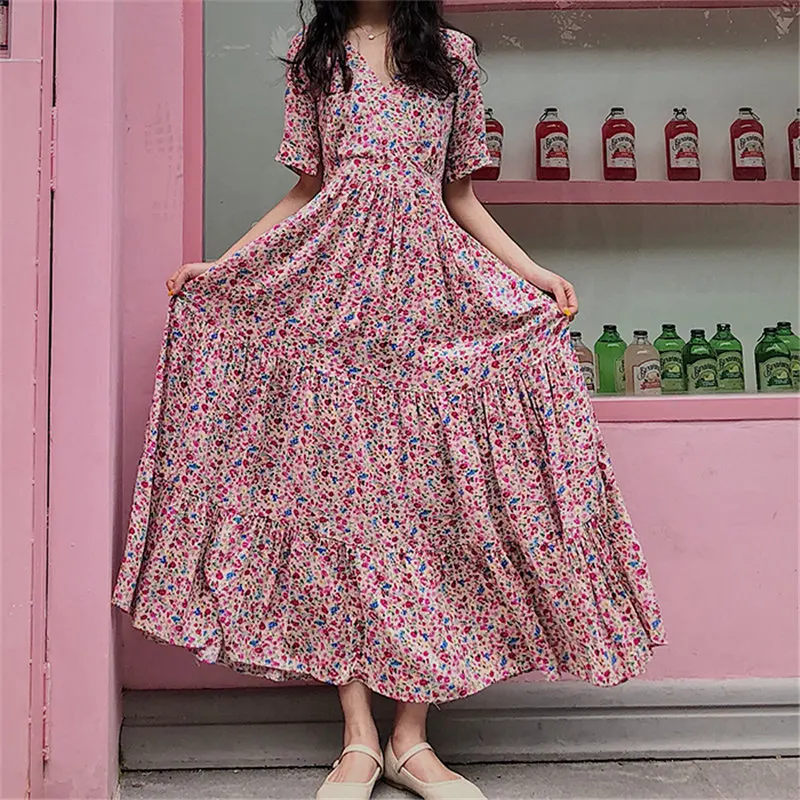 Новое винтажное летнее платье с высокой талией короткими рукавами цветочным