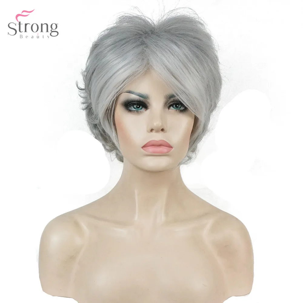 StrongBeauty женские Серебристые серые Короткие вьющиеся натуральные парики синтетические термостойкие волокна полный парик