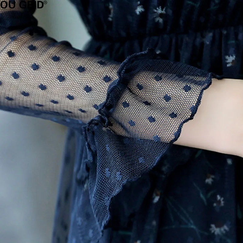 Кружево платье Для женщин 2018 сезон: весна–лето Цветочный принт Синий видеть