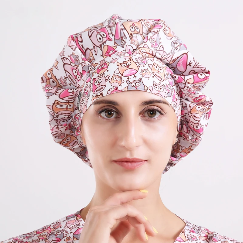 Для женщин свободный хирургический чепчик Спецодежда для медсестер кепки s спецодежда медицинская череп шляпа сова розовый полиэстер Регулируемый длинные волосы шеф повара