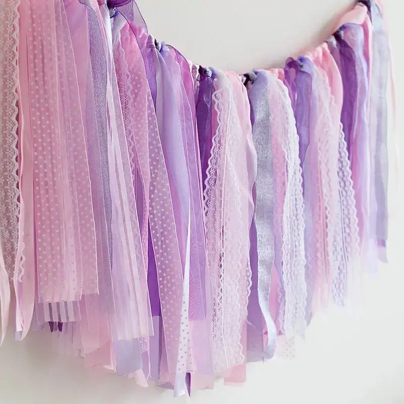 Handmade tie banner ribbon bunting romantic wedding tulle strips birthday Party Decorations hot baby pink lace garland | Дом и сад