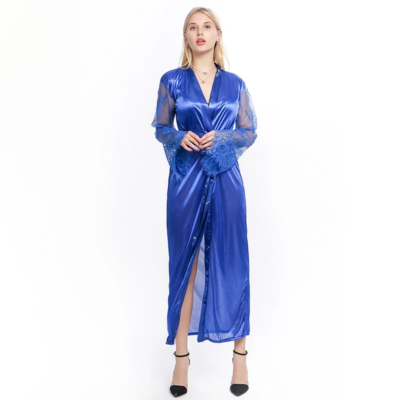 blue Женские кружевные лоскутные длинные халаты, ночная рубашка, мягкий шелковый халат, халат для женщин, одежда для сна, женская сексуальная одежда для сна - Цвет: blue