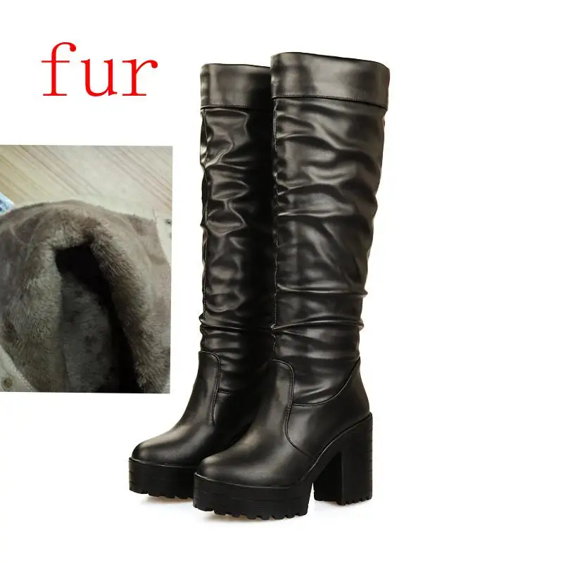 Black fur ASILETO/осенне-зимняя обувь; сапоги до бедра на платформе; сапоги из искусственной кожи; женская обувь на толстом высоком каблуке; Botas mujer; ботинки; A933 - Цвет: Black fur