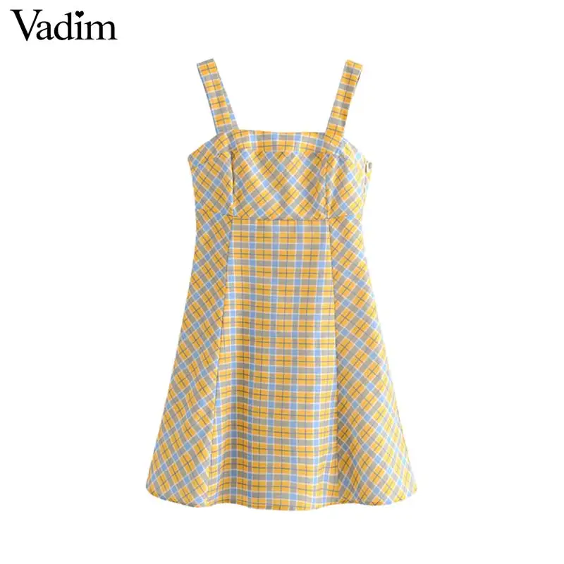 Vadim милый Женский клетчатое платье мини на бретельках без рукавов с боковой