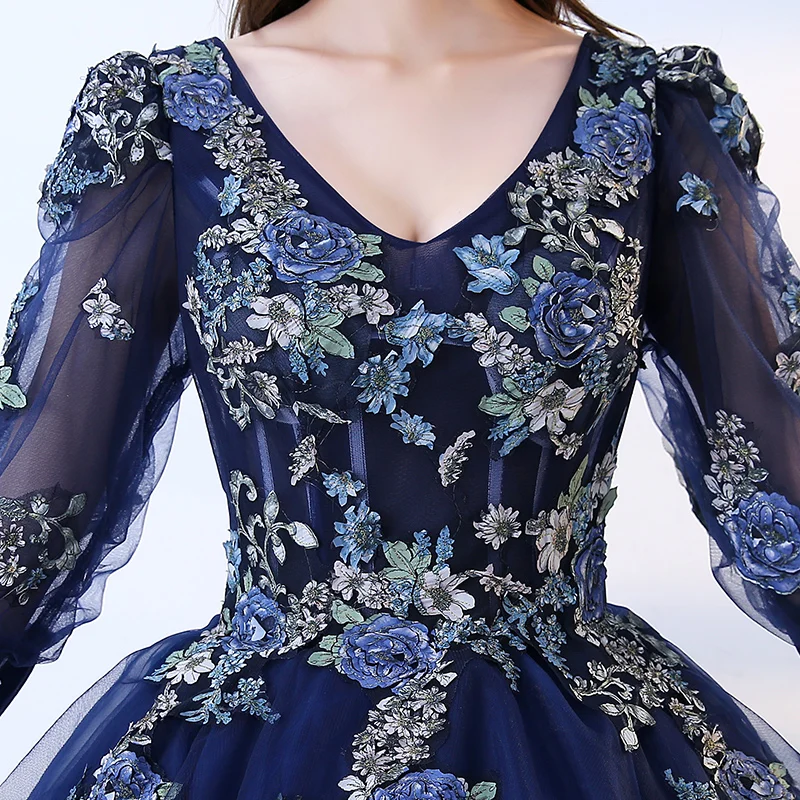 Vestido De 15 Anos темно синие пышные платья бальное платье с рукавом три четверти Debutante
