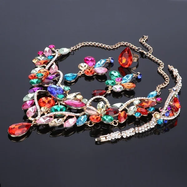 Colorful Роскошное Кристальное ожерелье с цветком из страз браслет серьги кольцо набор для женщин Свадебные Ювелирные наборы 5 цветов - Окраска металла: Colorful