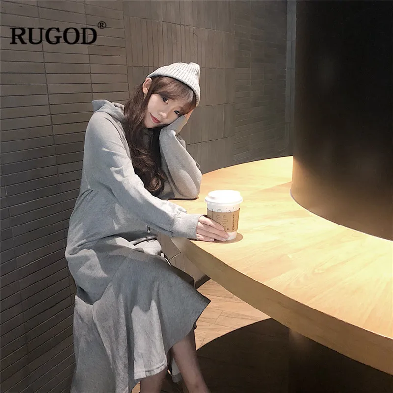 RUGOD/модное повседневное женское платье с длинным рукавом и капюшоном однотонное