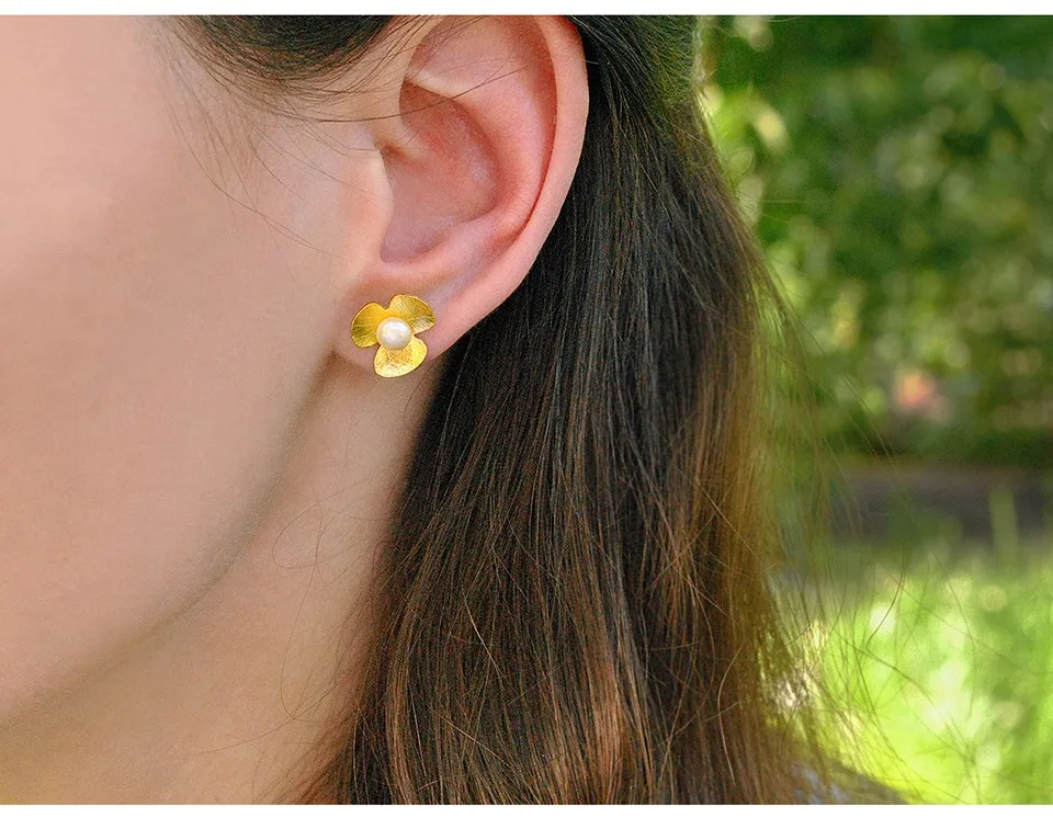 Lotus Fun реальные стерлингового серебра 925 натуральный жемчуг ручной работы Fine Jewelry Симпатичные свежий цветок клевера серьги для женщин brincos