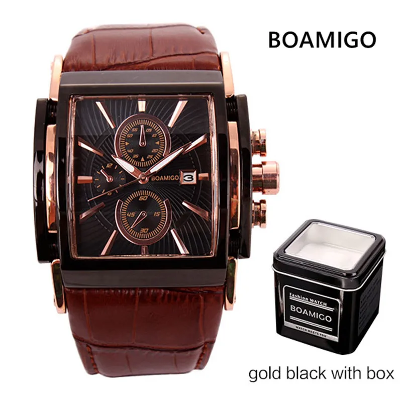 gold black with box Мужские кварцевые часы BOAMIGO, модные повседневные спортивные часы, розовое золото, водонепроницаемые, кожаный ремешок, мужские повседневные наручные часы, relogio masculino - Цвет: gold black with box