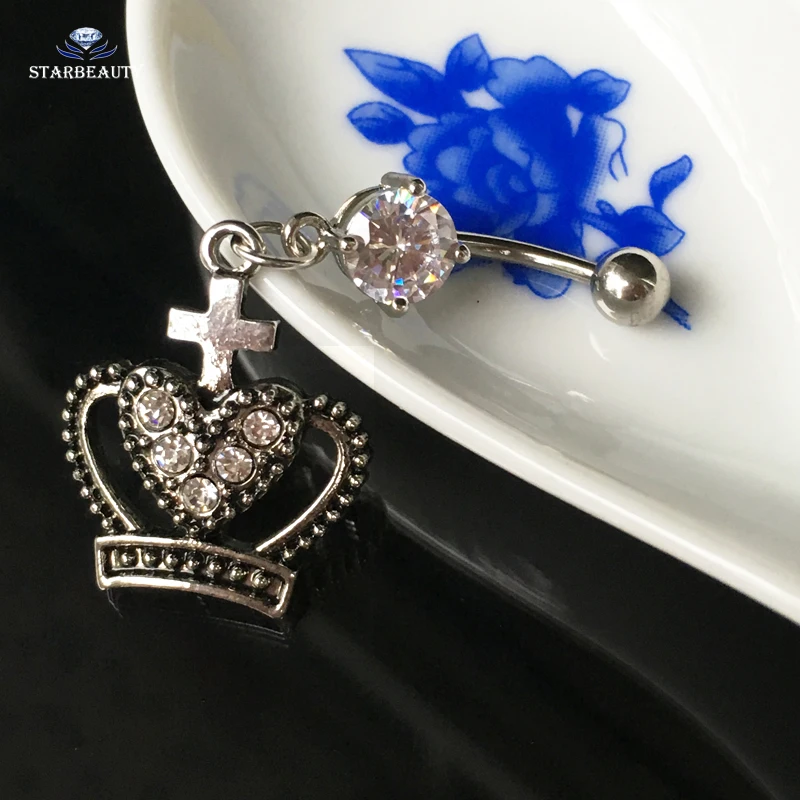 Пирсинг пупка Starbeauty с короной и белым сердцем 14 г|belly button rings|button ringdangling belly piercing |