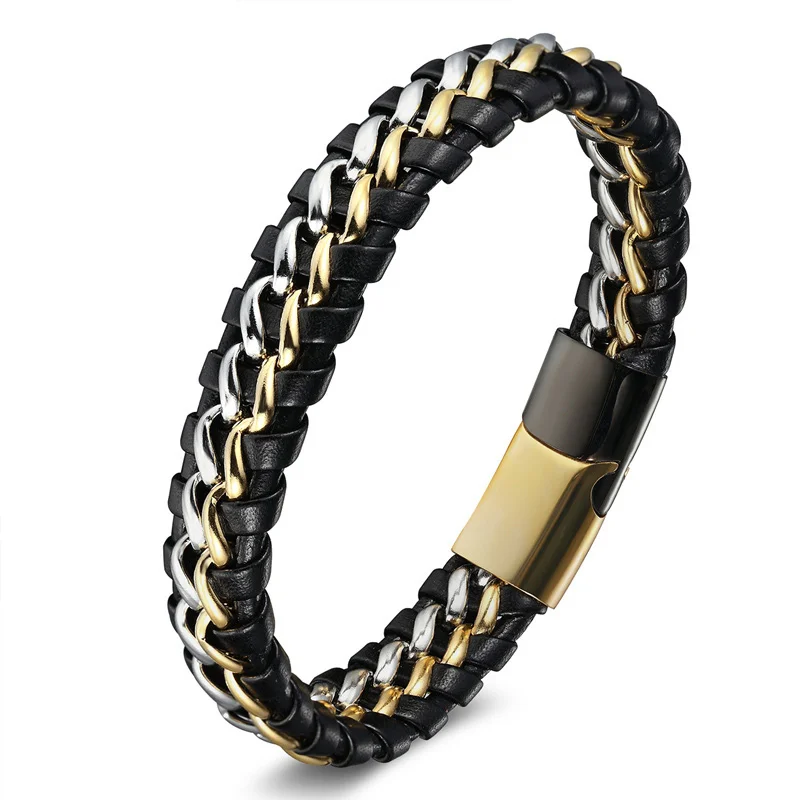 Панк Черный Кожаный браслет для мужчин тканые ювелирные изделия из нержавеющей