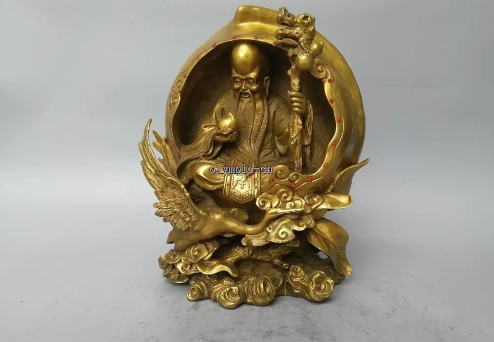 

14'' brass peach intaglio carved old man god of longevity and crane cloud statue