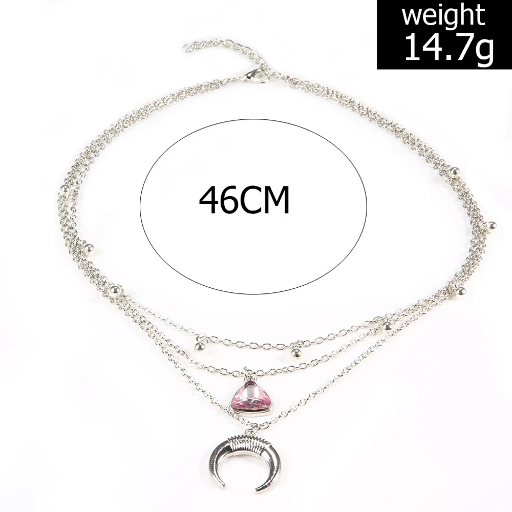 3 Pcs/Set Women Fashion Pink Crystal Moon Bead Pendant Silver Color Multilayer Clavicle Chain Retro Beach Necklace Jewelry | Украшения и
