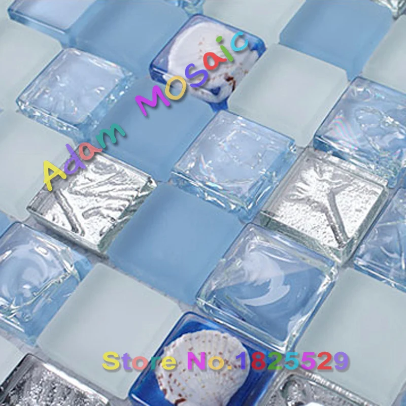Синий Белый морские раковины плитки Squared Стекло Внутренняя Раковины Плитка