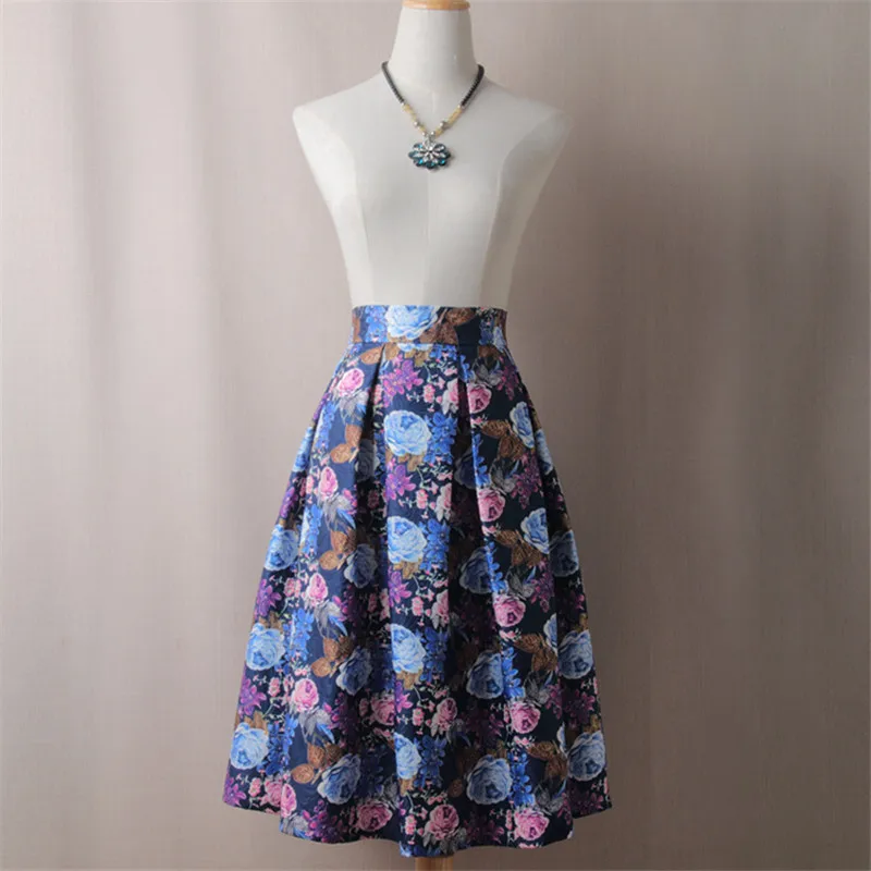 

Women Vintage Peony Floral Print Skirt High Waist Ball Gown Pleated Skirt Summer Autumn Midi Skater Skirts Saias