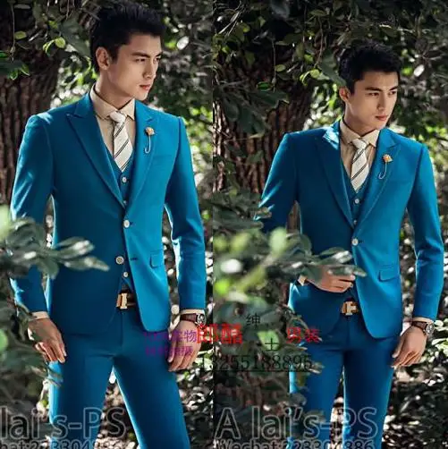 

Blue new arrival men suits brand slim men suit set with pants mens suits wedding groom formal dress suit + pant + tie + vest 4X