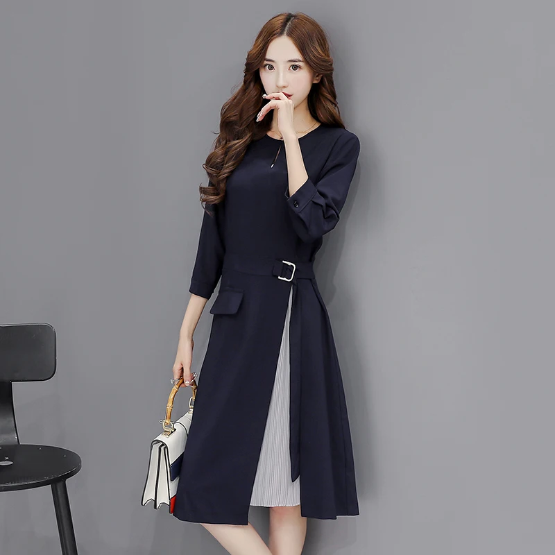 Новые весенние женское платье 2017 корейский Тонкий чистый цвет длинный цельное из