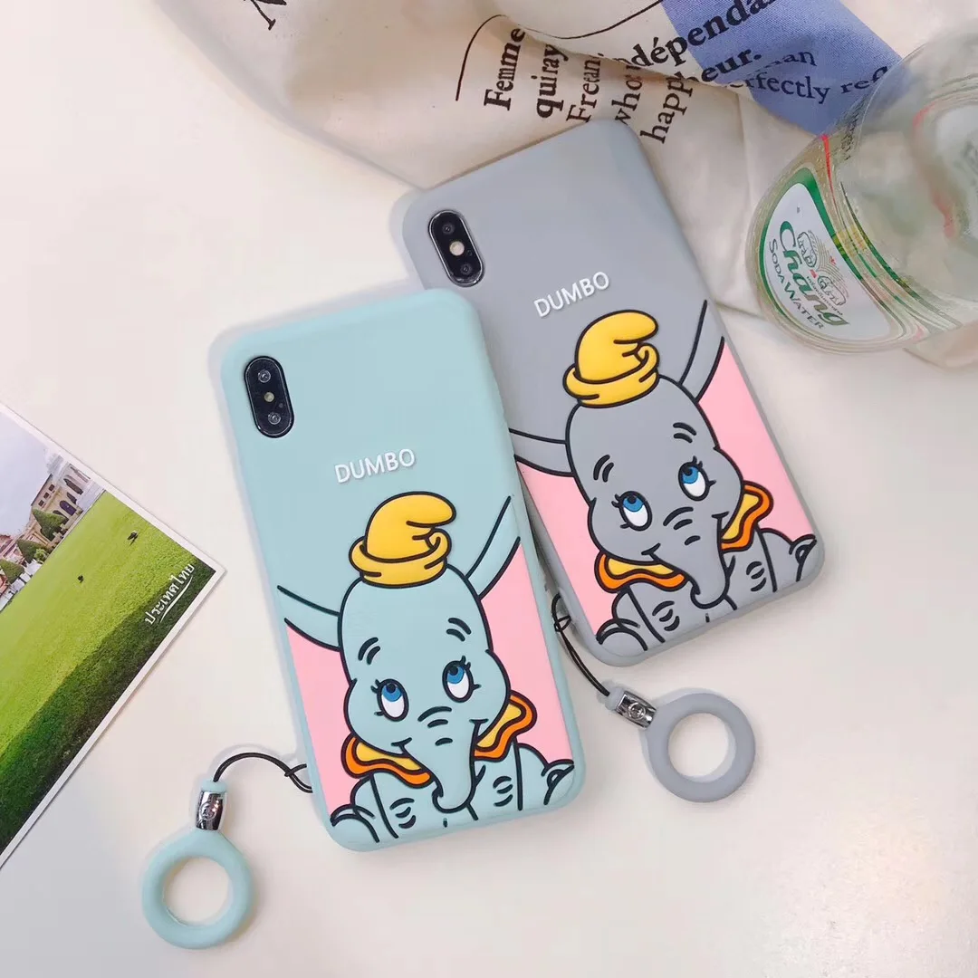 Dumbo Cute Pink Elephant Soft silicone ring Lanyard Phone Case For iPhone X XS Max Xr 7 8 6 6s Plus Cover Fundas |