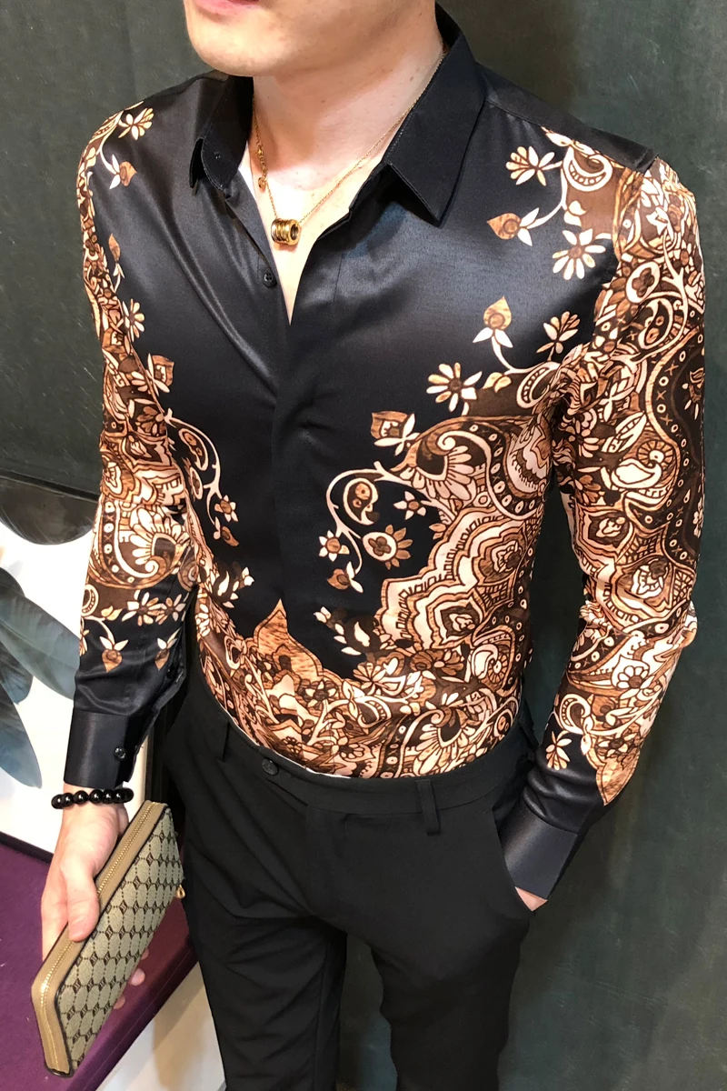 Рубашка мужская с цветочным принтом Стильная сорочка в стиле барокко