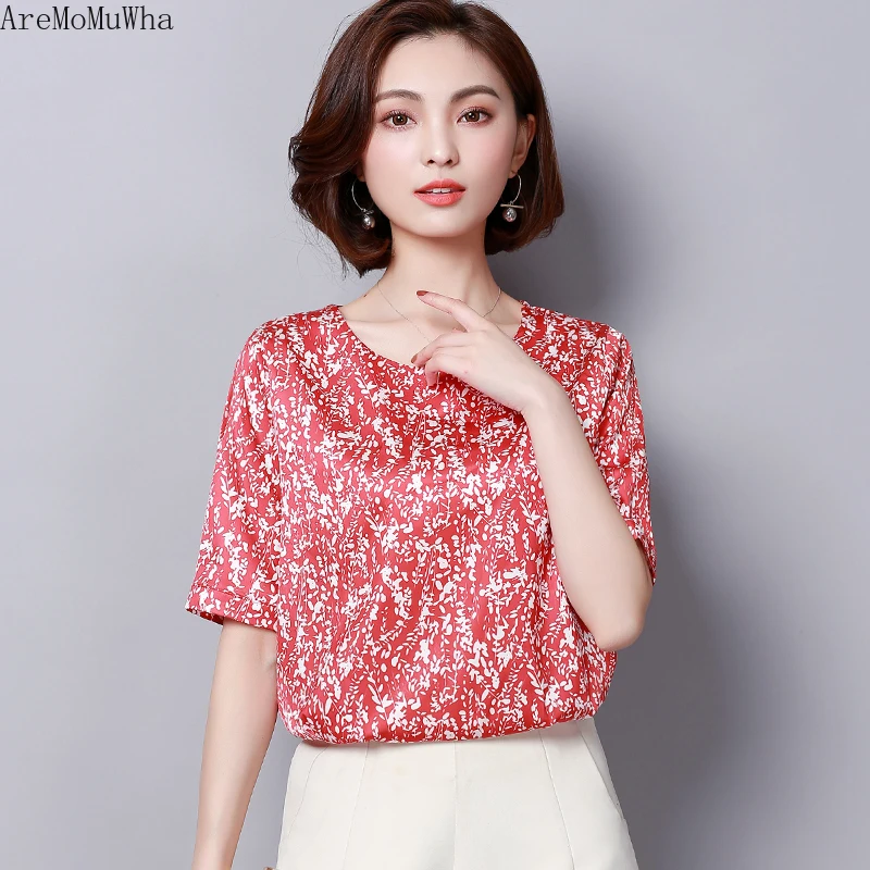 AreMoMuWha Silk Satin Short-sleeved Shirt 2019 Summer New Fashion Small Slim M-4XL shirt Female Womens Shirts MH257 | Женская одежда