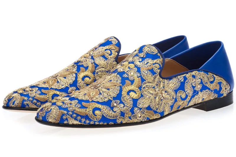 

Hot Selling Gold Blue Canvas Embroidery Loafers Men Slip On Flats Party Shoes