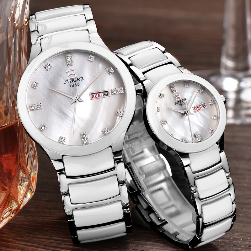 Часы BINGER мужские белые керамические с бриллиантами водонепроницаемые кварцевые