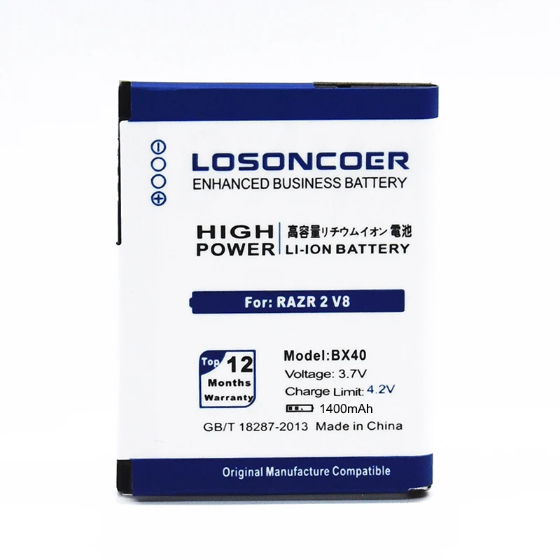 100% Оригинальный LOSONCOER 1400 мАч BX40 Высококачественный аккумулятор для MOTOROLA RAZR2 V9 V8 RAZR