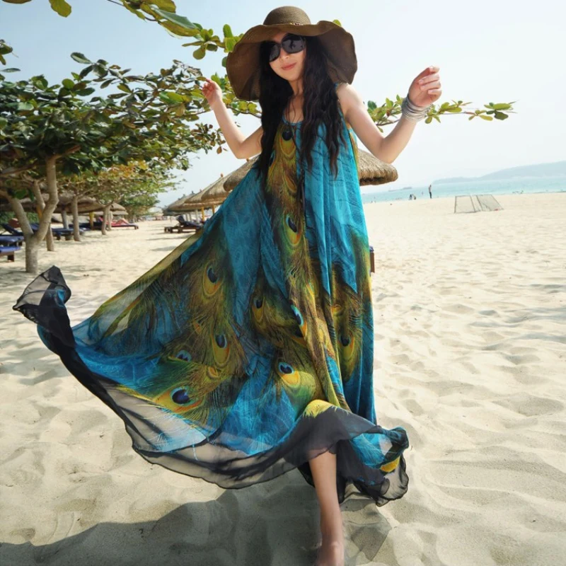 

Boho Long Beach Chiffon Peacock Tail Pattern Sun-proof Dress XXL Loose Vestidos Women Summer Maxi Party Dress