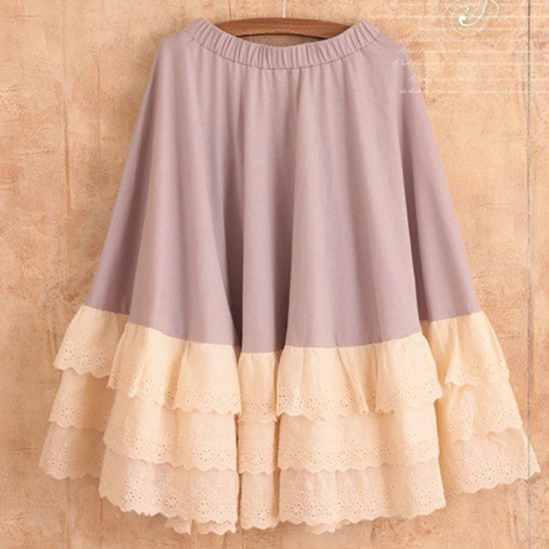 Японская Милая юбка из хлопка и льна в стиле девушки Мори многослойная кружевная