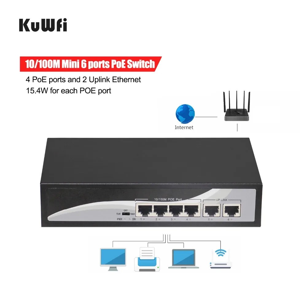 Сетевой коммутатор Ethernet с 4 + 2 портами POE и Uplink IEEE 802.3af поддержка MDI/MDIX 250