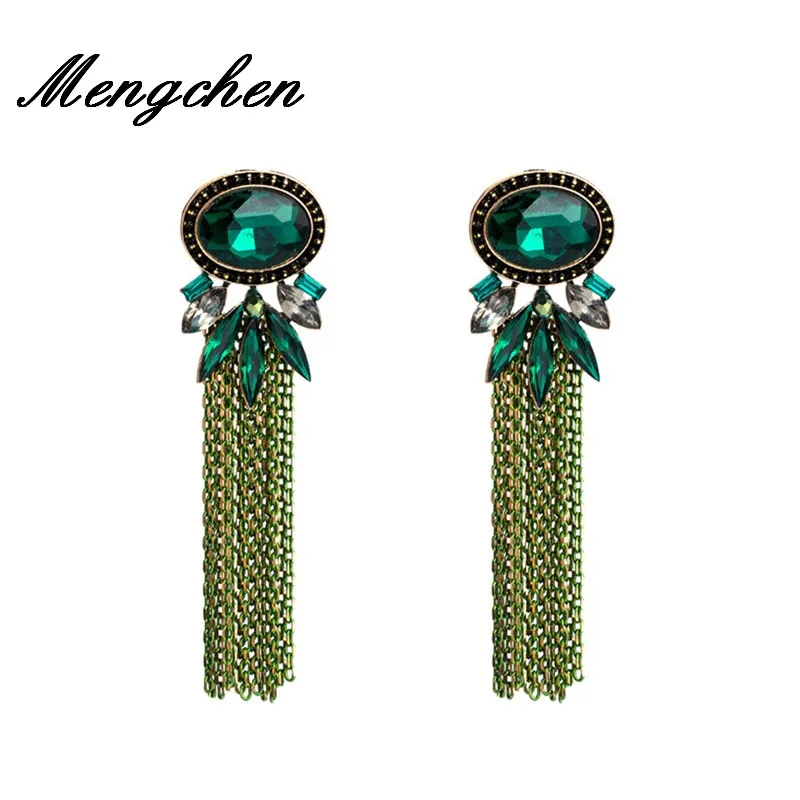 

Новый дизайн, хрустальные драгоценные камни с цепочкой, висячие серьги с длинными кисточками, Лидер продаж, женские модные серьги в богемно...