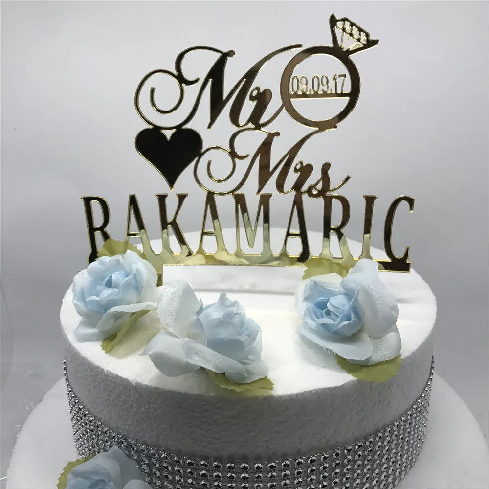 Персонализированные MR MRS алмаз свадебный торт Топпер Свадебные украшения на заказ Свадьба Имя и дата торт Топпер