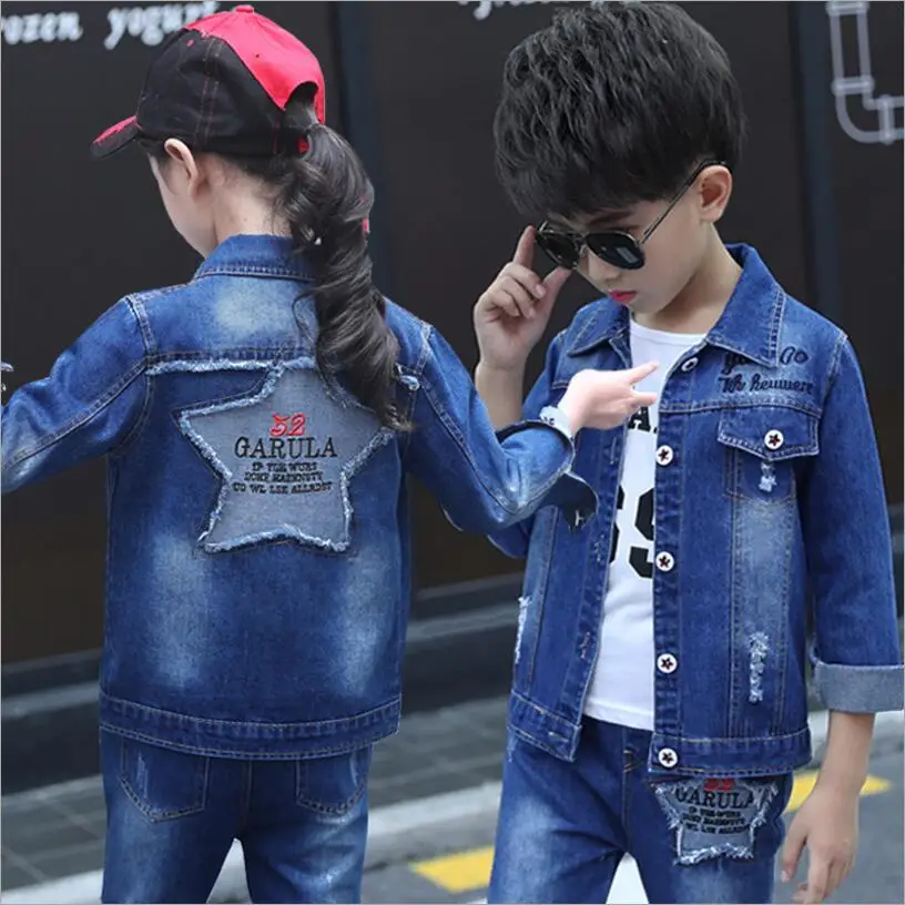 2018 New Children Spring/Autumn Set Boy/Girl Fashion Letter Embroidered Denim Jacket Jeans Suit Kids Baby Casual Clothes | Детская
