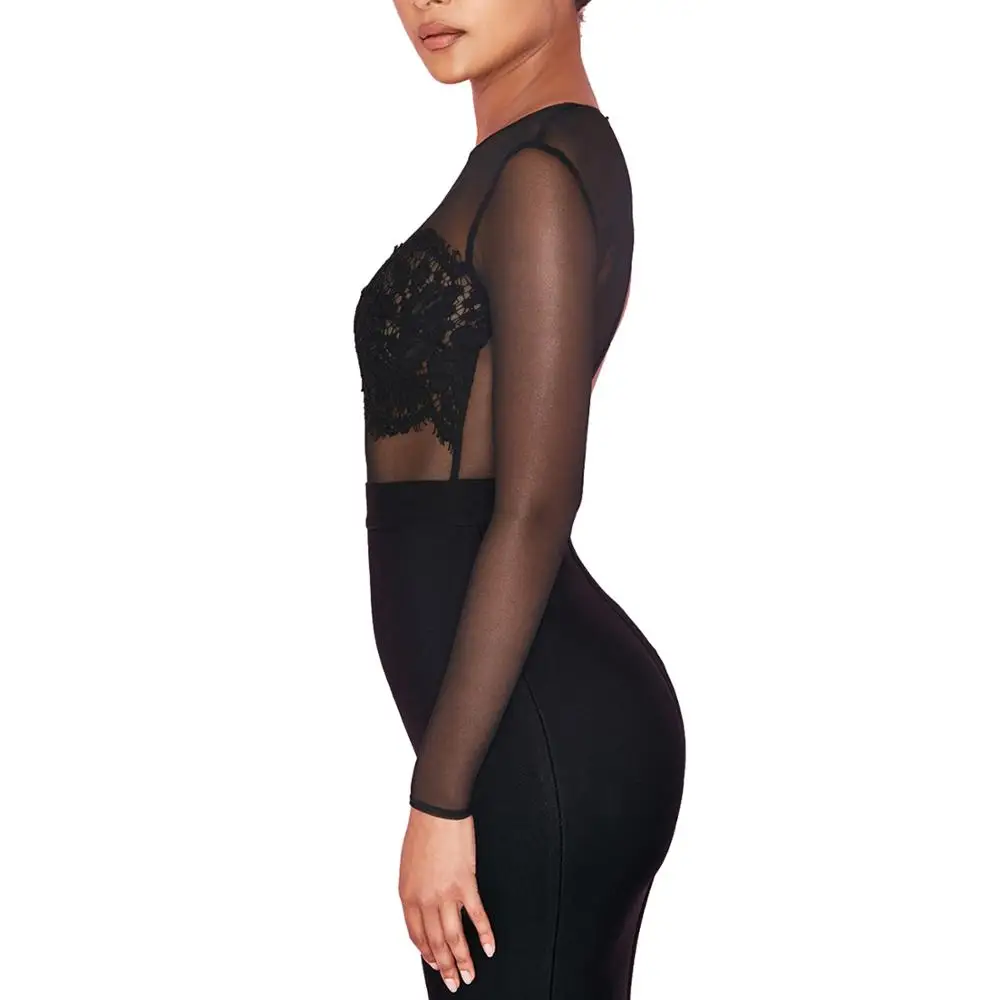 Gothic Women Sexy Bodysuit Black Transparent Long Sleeves O Neck Mesh Bodysuit One Piece Jumpsuit Party Women Clothes