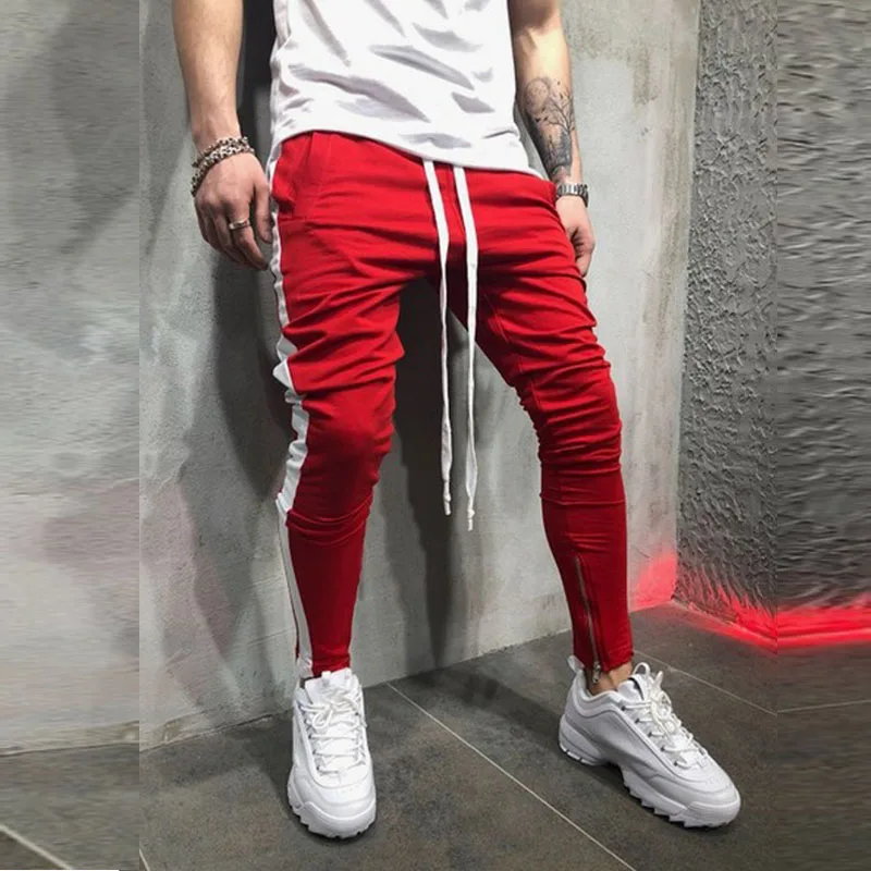 Сбоку полосой Drawstring Для мужчин трек Штаны контраст Цвет карандаш хип-хоп уличной