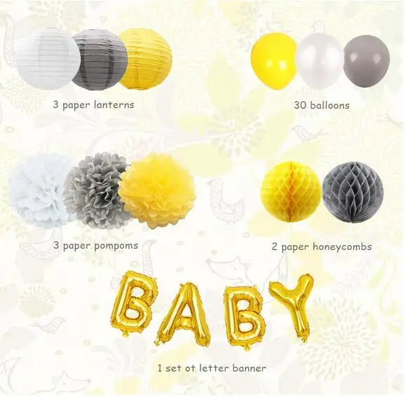 Baby Shower украшения желтый и серый с воздушные шары с буквой, тканевая бумага помпоны и бумажный фонарь декор для вечеринки в честь Дня Рождения