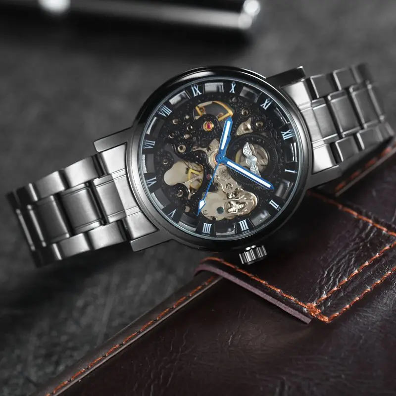 Роскошные брендовые автоматические часы мужские классические самоветер Скелет
