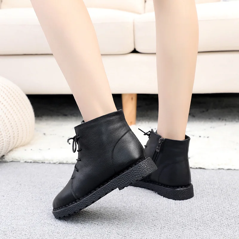 

2019 New Black Winter Boots Women Shoes Large Size Cow Leather Boots Soft Comfort Women Flat Shoes Warm Plus Velvet Ankle Boots