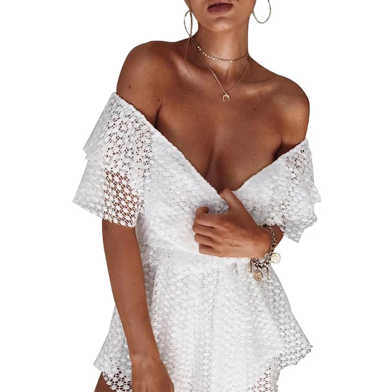 2018 Для женщин летние оборками Playsuit сексуальный свободно белый выдалбливают Slash