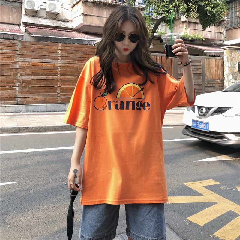 Летняя футболка для женщин, повседневные футболки в Корейском стиле Ulzzang с принтом букв в стиле Харадзюку, оранжевая Милая футболка, женская одежда