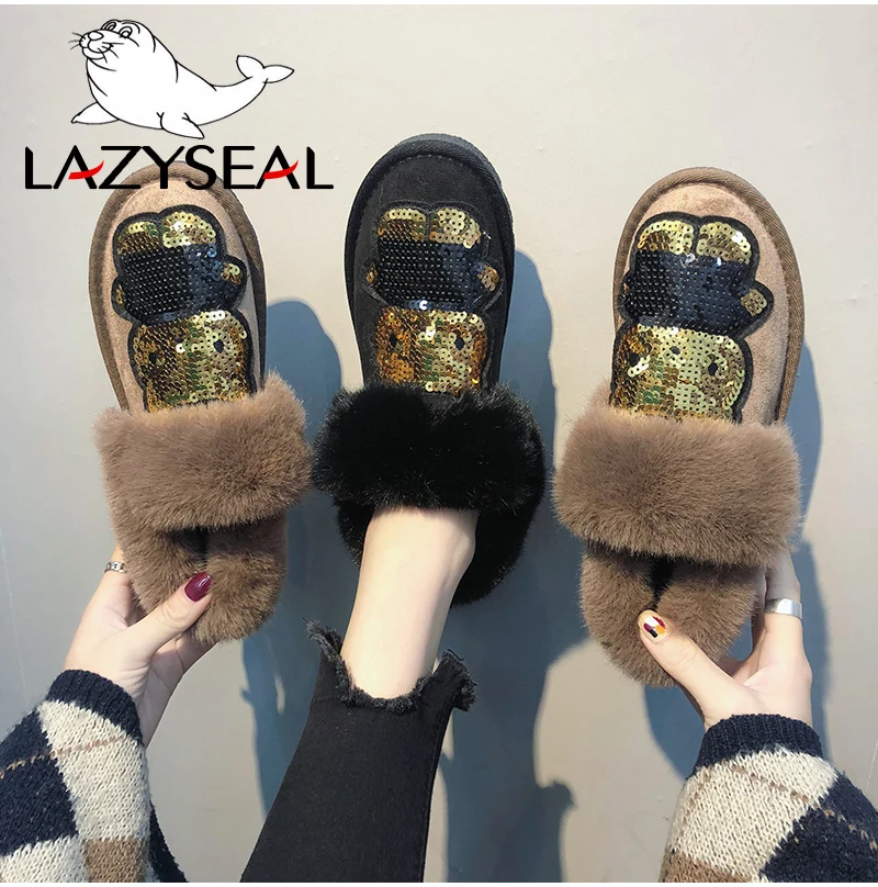 LazySeal/Шикарные ботильоны для женщин; теплые женские зимние ботинки; женская обувь с блестками; зимняя женская обувь на плоской подошве; Bota Mujer