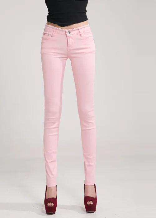 Pink Осенние женские джинсы-карандаш, яркие цвета, средняя талия, полная длина, на молнии, облегающие узкие женские штаны, модные женские джинсы - Цвет: Pink