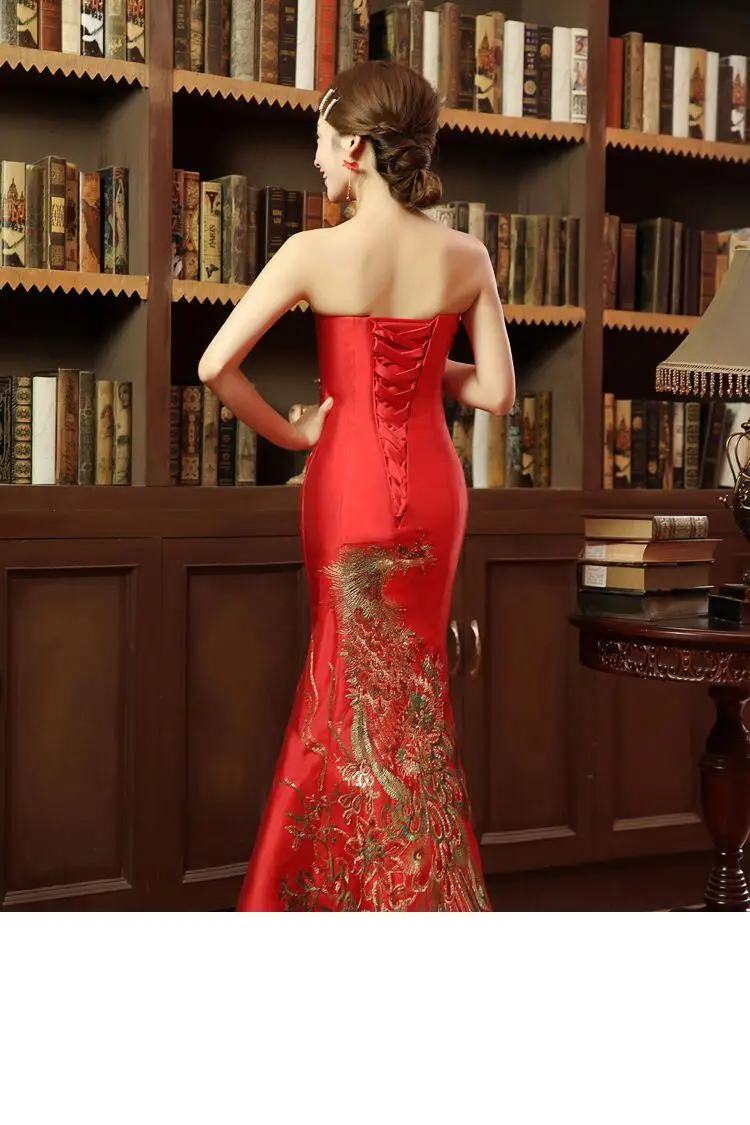 Женское длинное атласное платье элегантное винтажное красное в китайском стиле