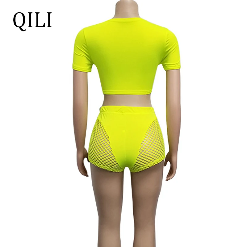 

QILI Neon Green Pink Blue Orange Rompers Summer Sexy Mesh Patchwork Short Sleeve 2 Piece Set Outfits Fitness Wear