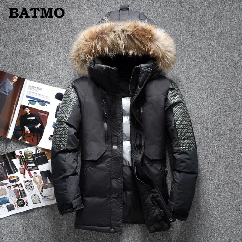Мужская теплая куртка Batmo на белом утином пуху с воротником из меха енота и